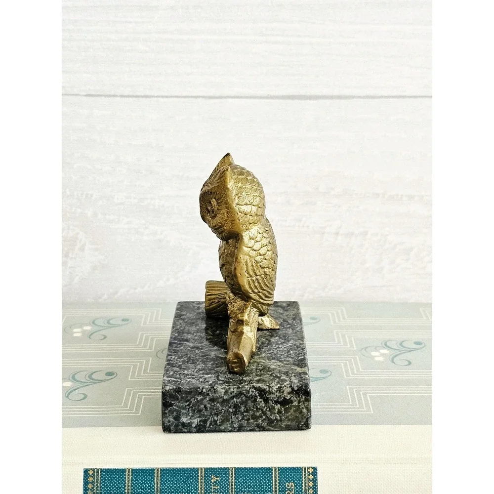 Vintage Solid Brass Owl on Branch on Black & Green Marble Base Paperweight